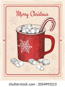 Christmas illustration with hand drawn red cup of hot chocolate with marshmallow. Vector illustration in sketch engraving style. Vintage background