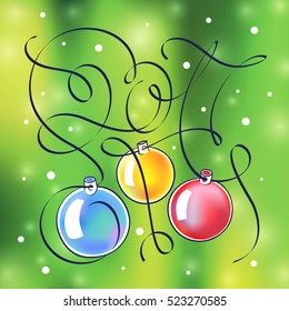 Christmas illustration with hand lettering 2017.
The composition of Christmas balls with a nice weave ribbons on blurred background.