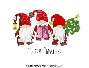 Christmas illustration. Hand-drawn Christmas gnomes with decorations in vector with lettering elements. You can use it to design postcards, T-shirts, mugs and more.