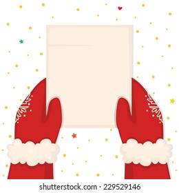 Christmas illustration with hands holding a blank list, vector.