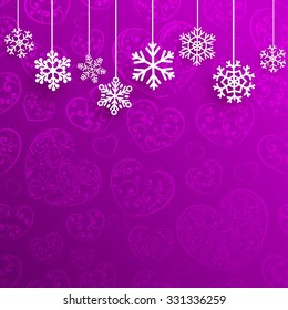 Christmas illustration with hanging snowflakes on background of hearts in purple colors