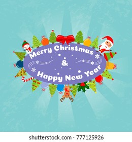 Christmas illustration Happy Christmas companions. Santa Claus, Snowman, Reindeer and many christmas trees. vector illustration