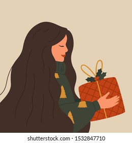 Christmas illustration of a happy woman wearing a warm sweater holds a red gift box. Vector festive concept for merry Christmas and happy New year