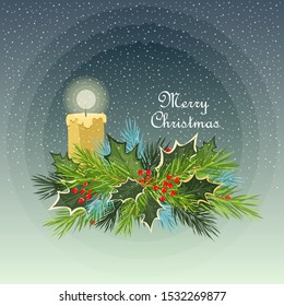 Christmas illustration. Holly leaves and spruce branches. decor with candle