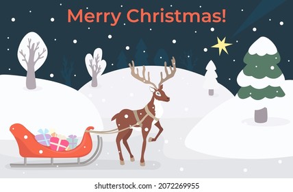 Christmas illustration with horned deer and sleigh, shooting star on the background of a snowy landscape, elk carrying gifts, greeting card