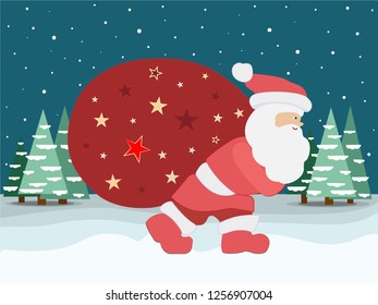 Christmas illustration. Image of Santa Claus carrying a bag with gifts behind his back in a snowy forest under a starry sky.