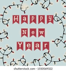 Christmas illustration with the inscription "happy new year" and a glowing garland.