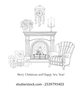 Christmas illustration interior with fireplace, armchai,r clock, candlestick, gifts boxes, poinsettia bows. Black white. Hand drawn linear elements. Line art Vector background for design greeting card