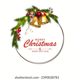 Christmas illustration with isolated round wreath with golden bells.