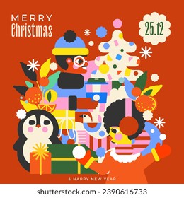 Christmas illustration with joyful girl and boy, cute penguin, beautifully wrapped presents, tangerines and shiny Christmas tree. Perfect for creating a festive mood!