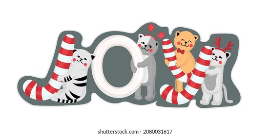 Christmas illustration with kittens. Kittens with large Christmas candy canes in the form of the word JOY. For printing on postcards, mugs, clothing and more.