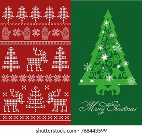 christmas illustration \ knitted christmas elements \ christmas tree \ christmas card