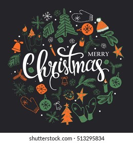 Christmas illustration, lettering. Merry Christmas. Print Design Vector illustration