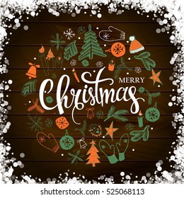 Christmas illustration, lettering. Merry Christmas. Print Design on wooden background. Vector illustration