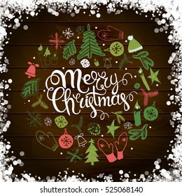 Christmas illustration, lettering. Merry Christmas. Print Design on wooden background. Vector illustration