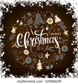Christmas illustration, lettering. Merry Christmas. Print Design on wooden background. Vector illustration