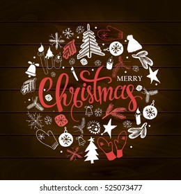 Christmas illustration, lettering. Merry Christmas. Print Design on wooden background. Vector illustration