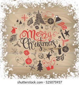 Christmas illustration, lettering. Merry Christmas. Print Design on wooden background. Vector illustration