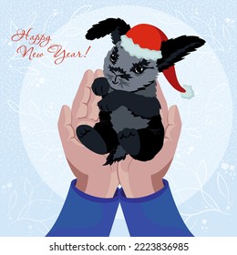 Christmas illustration with a little bunny in his hands. Cute rabbit in a Christmas hat in winter. Happy new year of the black rabbit!