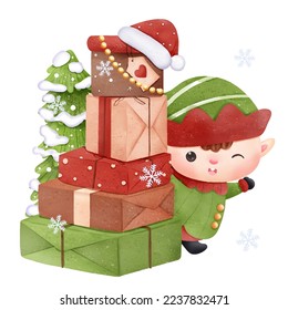 Christmas Illustration with little elf in watercolor