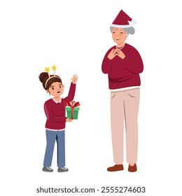 Christmas illustration of a little girl with a star hairband giving a gift to her grandma in a Santa hat