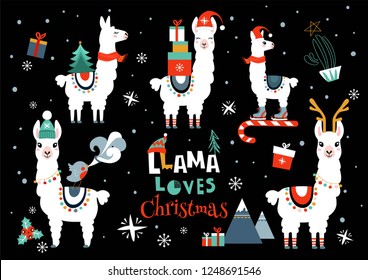 Christmas illustration with llama. Merry Christmas set