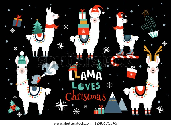 ラマとクリスマスイラスト メリークリスマスセット のベクター画像素材 ロイヤリティフリー