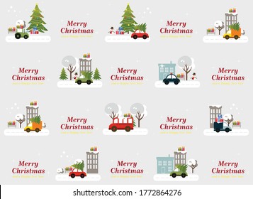 Christmas illustration with a map of the winter city. Vector illustration with houses, roads, trees, christmas trees, cars in a flat style. merry christmas and merry new year. christmas card.