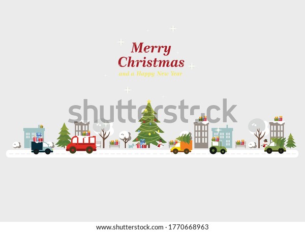 Christmas illustration with a map of the winter\
city. Vector illustration with houses, roads, trees, christmas\
trees, cars in a flat style. merry christmas and merry new year.\
christmas card.
