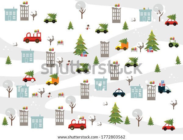Christmas illustration with a map of the winter
city. Vector illustration with houses, roads, trees, christmas
trees, cars in a flat
style