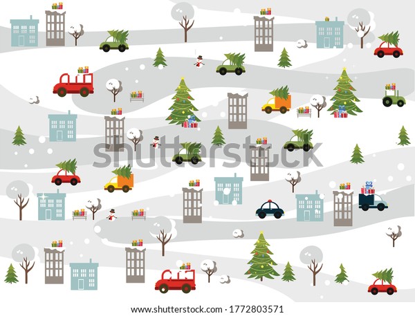 冬の町の地図が描かれたクリスマスイラスト 家 道路 木 クリスマスツリー 平らなスタイルの車を持つベクターイラスト のベクター画像素材 ロイヤリティフリー