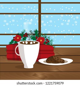 Christmas illustration of mug with hot cocoa, cookies on the plate and plaid near window