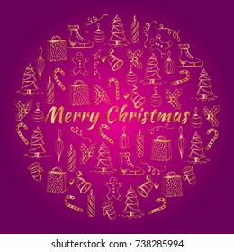 Christmas illustration with the New Year and Christmas gold objects. Christmas card made in the hand-painted style.