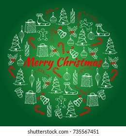 Christmas illustration with the new year and Christmas objects. Christmas card made in the hand-painted style on the green background.