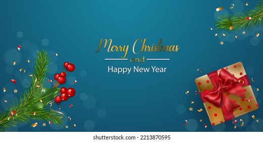 Christmas illustration with New Year pine branches, gift box, pieces of serpentine, holly leaves and red berries, on blue background