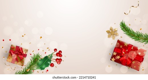 Christmas illustration with New Year pine branches, gift box, golden snowflake, pieces of serpentine, holly leaves and red berries, on white background