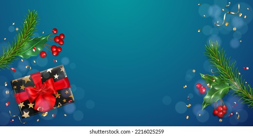 Christmas illustration with New Year pine branches, gift box, pieces of serpentine, holly leaves and red berries, on blue background