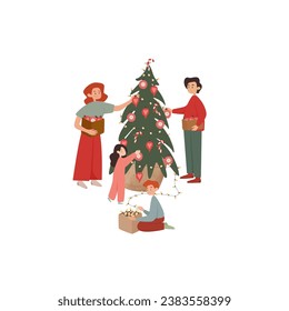 Christmas illustration. New Year's mood. Happy holidays. Family decorate the Christmas tree