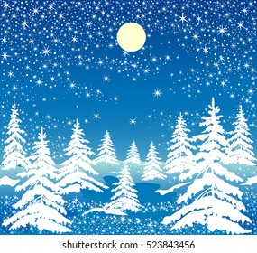 Christmas illustration of a night landscape with snow-covered trees and moon