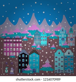 Christmas illustration on blue, pink and neutral colors. Vector illustration. Vector pattern with various cartoon houses.