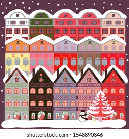 Christmas illustration on brown and gray colors. Vector. Cloudy winter landscape. Mountain landscape. Winter. Lonely house on a hill.