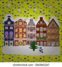 Christmas illustration on brown, white and yellow colors. Happy new year. Vector illustration. Merry christmas card with house.