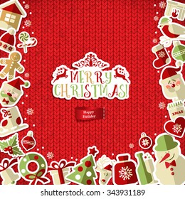 Christmas illustration on red knitting texture. Vector set of icons.