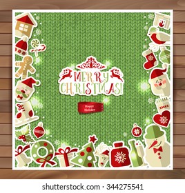 Christmas illustration on red knitting texture. Vector set of icons.