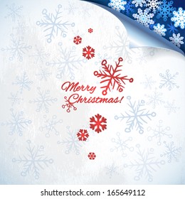 Christmas illustration on snow background with space for text. Shiny corner and snowflakes with shadow. Vector illustration for your greeting card