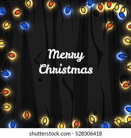 Christmas illustration on wood background. Christmas bright colors  decorations. Hand drawn illustration. Happy New Year and Merry Christmas. Vector banner or card.