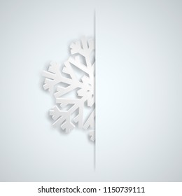 Christmas illustration with one white big snowflake which protrudes from the cut on a light blue background