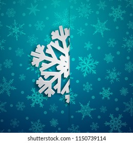 Christmas illustration with one white big snowflake which protrudes from the cut on a snowy background in light blue colors