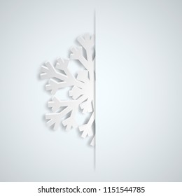 Christmas illustration with one white big snowflake which protrudes from the cut on a light blue background