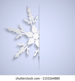Christmas illustration with one white big snowflake which protrudes from the cut on a light blue background